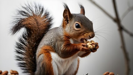A squirrel munching on nuts, set against a clean white background, generative ai