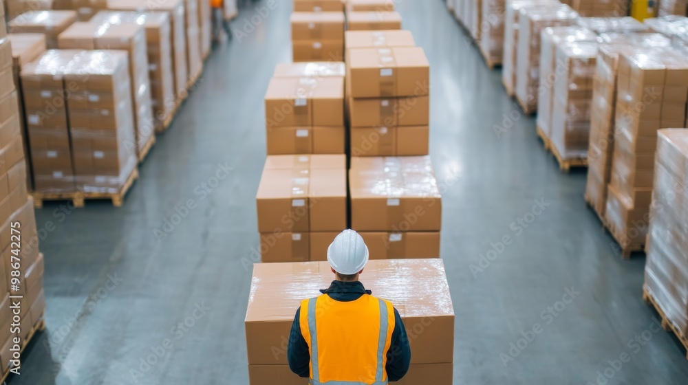 Poster worker inspecting stacked boxes in a warehouse, organized and efficient layout.