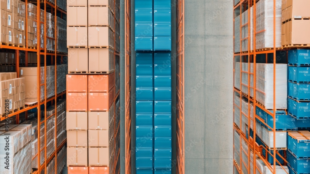 Poster warehouse with stacked pallets and boxes in organized storage.