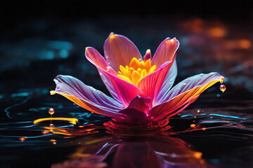 neon waves forming the shape of a sweet Bladderwort flower, rising from the ashes in a burst of light, multicolor