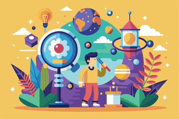 Naklejka premium A person stands thoughtfully among planets and lightbulbs, depicting a playful curiosity for exploration, Customizable flat illustration for curiosity.