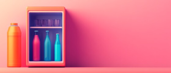 Fototapeta premium Colorful fridge with drinks on a vibrant pink background.