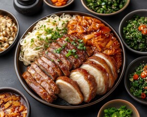 Delicious Asian platter with sliced meats and fresh side dishes.