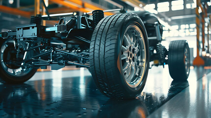 Fototapeta premium Automotive chassis frame with rubber tire wheels stands on the dark assembly line floor within an industrial factory environment for technical manufacturing showcase.