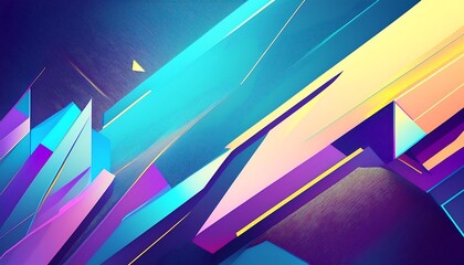 Abstract digital art with a blue, yellow, pink, and purple color scheme.  The image features a series of overlapping geometric shapes that create a sense of movement and energy.