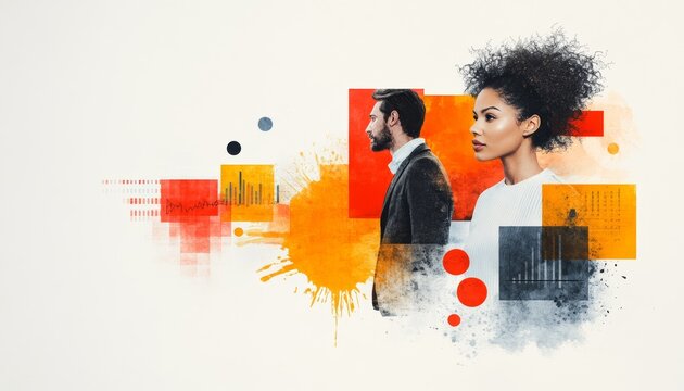 Professionals in creative setting, dynamic colors, modern artistic vibe.