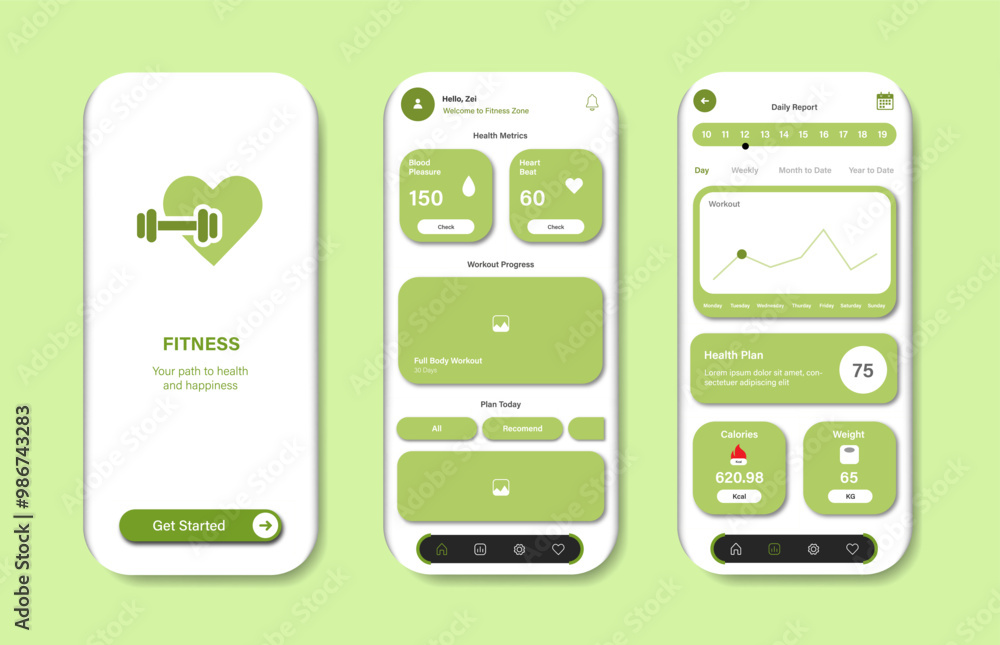 Poster online fitness mobile app design for mobile app. fitness platform screens with products. graphical u