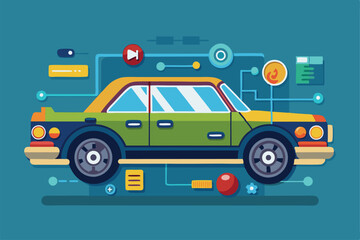 Naklejka premium A vibrant illustration featuring a car integrated with various technological elements for driving and customization, Customizable flat illustration for driving.