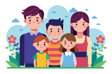 A joyful family with three children enjoys a sunny day surrounded by flowers and greenery, Customizable flat illustration for families.