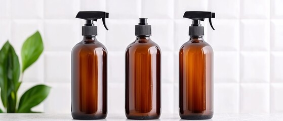 Amber glass spray bottles with black tops, white background, decorative green plant.