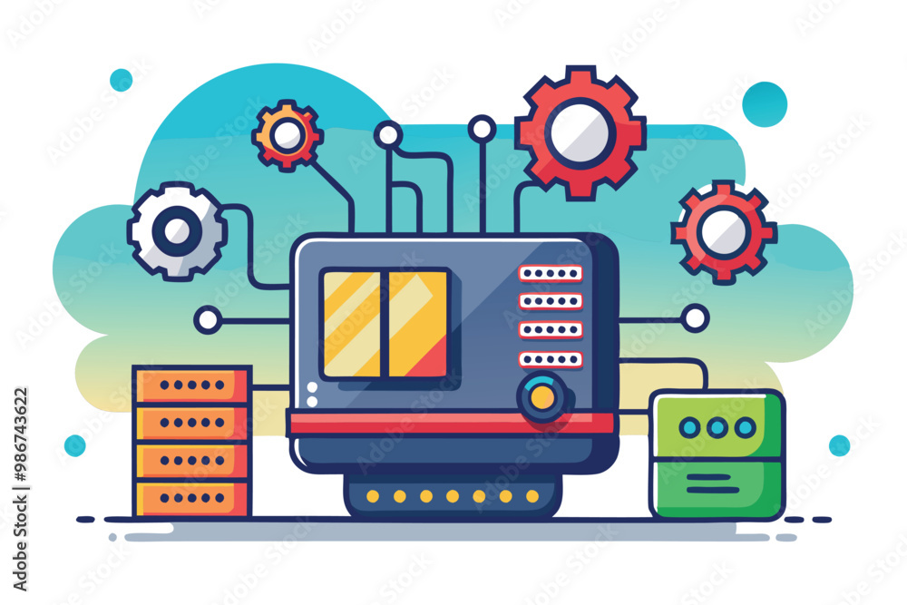 Poster this illustration showcases a computer surrounded by gears, representing firmware development proces