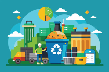 Fototapeta premium A worker collects recyclables beside colorful waste bins in a lively urban setting with green hills, Customizable flat illustration for garbage management.