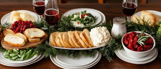 Delicious holiday dinner spread with wine, salads, and festive decor.