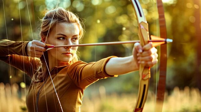 Sportswoman aiming with bow and arrow during training