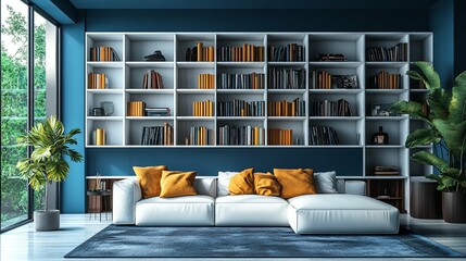Modern Living Room with White Sofa, Blue Walls, and Bookshelves Filled with Books