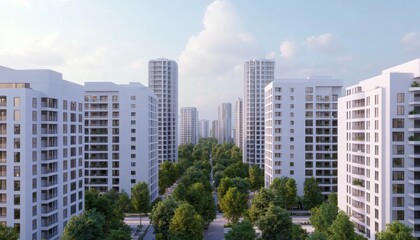Fototapeta premium Modern urban skyline with green trees and contemporary residential buildings.