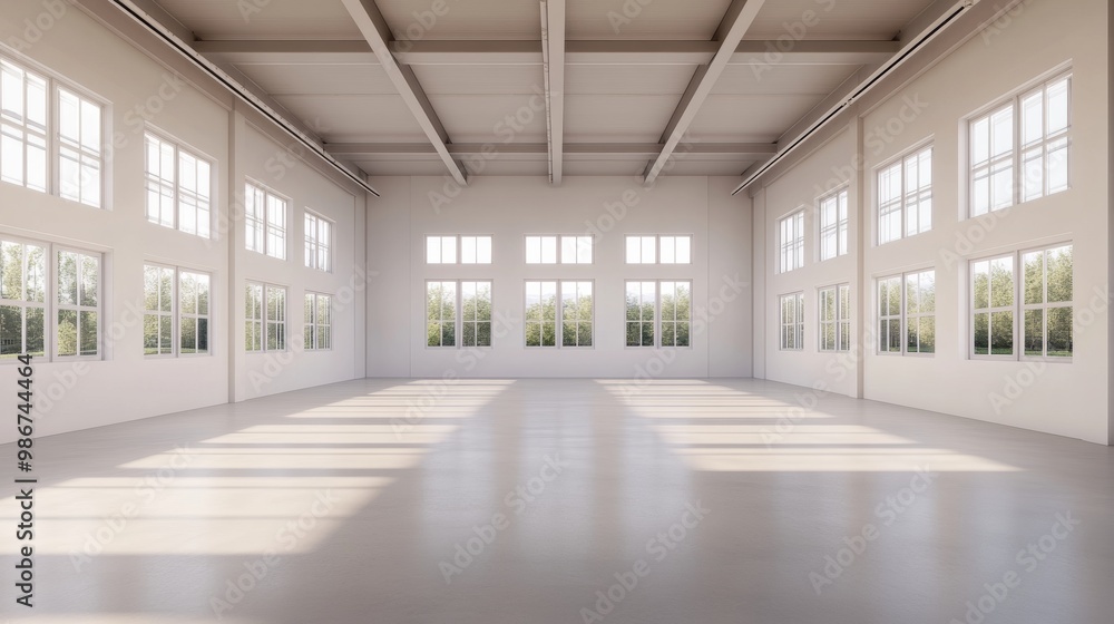 Poster spacious interior of an empty building with large windows and natural light.