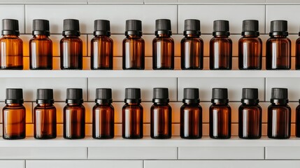 Row of amber bottles on a shelf against a neutral white background.