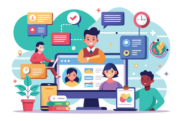 Fototapeta premium This illustration depicts diverse individuals collaborating and communicating through digital platforms on an intranet, Customizable flat illustration for intranet.