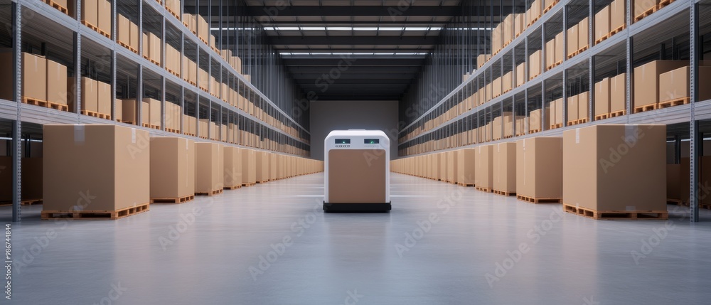 Poster warehouse interior with stacked boxes and an empty aisle for efficient storage.