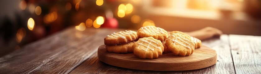 Fototapeta premium Delicious golden cookies arranged on a wooden board, illuminated by warm light, perfect for cozy gatherings and celebrations.