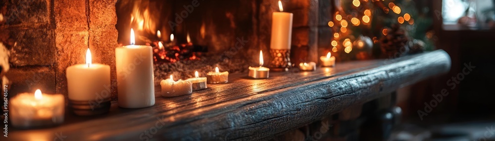 Poster cozy ambiance with lit candles on a rustic mantelpiece, creating a warm and inviting atmosphere for 