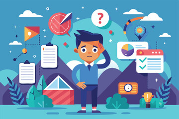 Obraz premium A person stands thoughtfully among various symbols of missed chances and planning elements in a colorful backdrop, Customizable flat illustration for missed opportunities.
