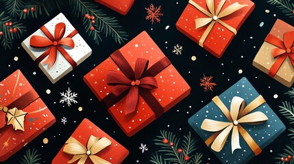 Wrapped Christmas presents with glittery ribbons, flat design illustration