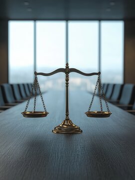 A handshake over a balanced scale, with the background of a softly lit, peaceful conference room with large windows, minimalistic, 3D render, medium shot.