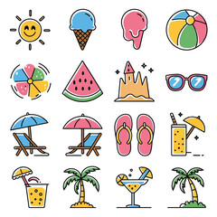 illustrations vector icon design items for summer sea beach glass and ball ice-cream other 
