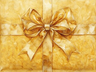 Christmas gift, golden paper with intricate bows, opulent holiday scene, watercolor style