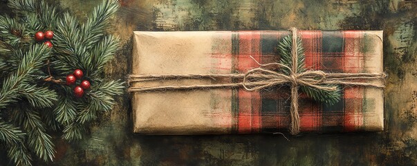 Christmas gift, plaid wrapping paper with rustic twine, holiday cabin, watercolor style