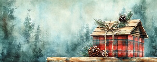 Christmas gift, plaid wrapping paper with rustic twine, holiday cabin, watercolor style