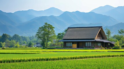 Traditional Japanese House Surrounded by Rice Paddies and Mountains