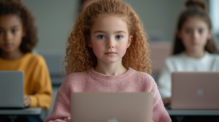 Young Girl Using Laptop in Classroom with Other Students