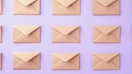 Blank kraft paper envelopes neatly arranged on a pastel lavender background, isolated for a simple and natural feel.