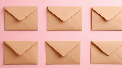 Blank kraft paper envelopes with open flaps, placed on a pastel pink background, natural and minimalist style.