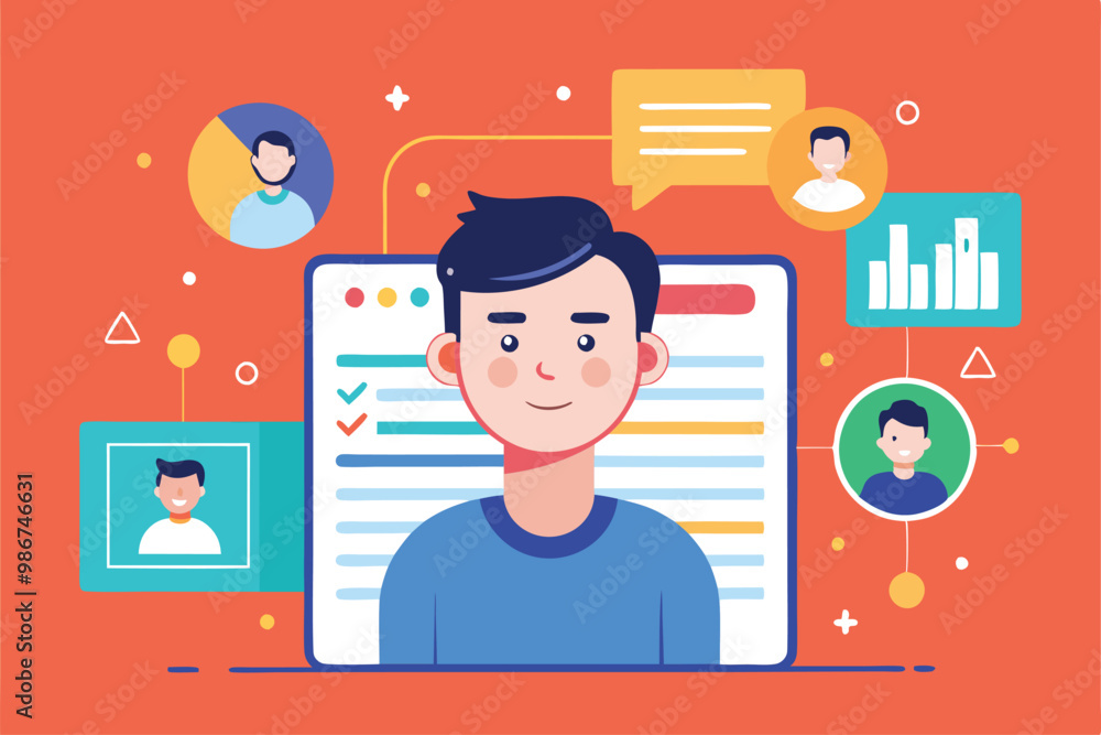 Poster a digital illustration showing a person surrounded by profile data elements and interactive icons, c