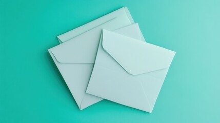 Flat lay of blank envelopes stacked and fanned out, isolated on a pastel green background, simple and modern design.