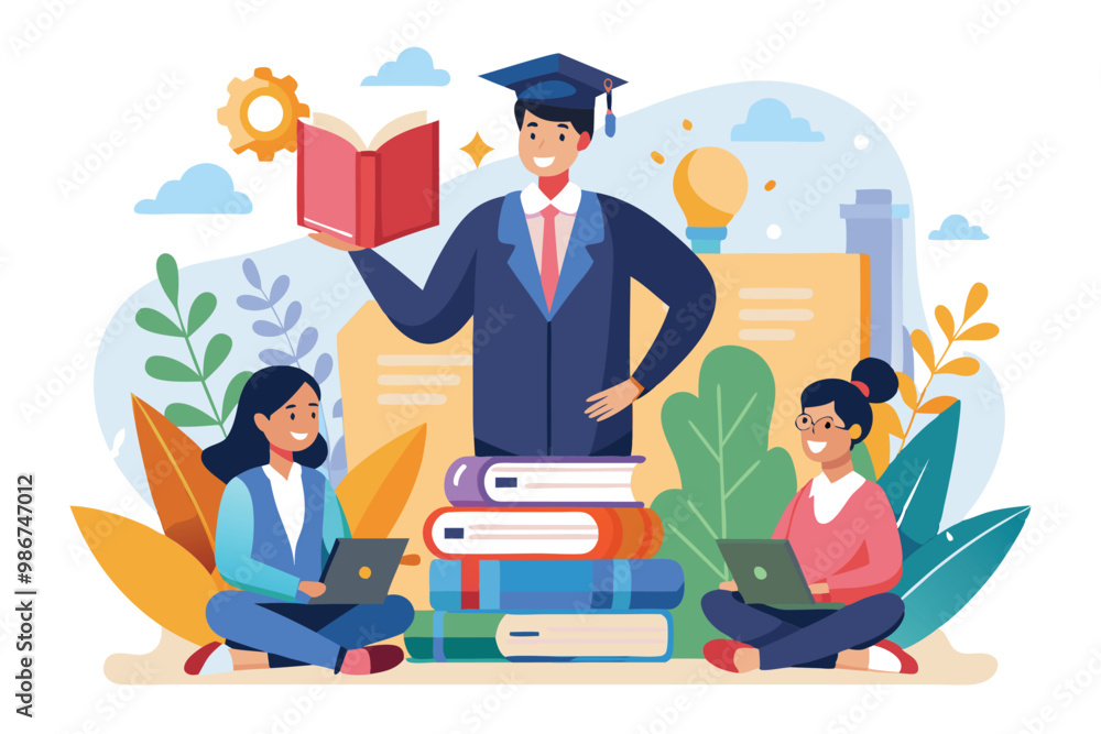 Poster a seminar setting shows a teacher presenting with books while students interact using laptops and no