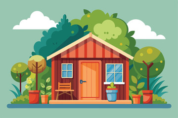 A colorful shed is depicted amidst lush greenery, with pots and a chair enhancing the garden atmosphere, Customizable flat illustration for sheds.