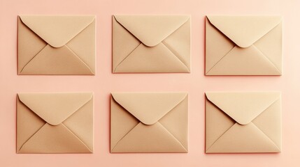 Set of blank kraft paper envelopes with open flaps, isolated on a pastel peach background, natural and stylish.