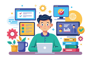 A software tester engages with a laptop surrounded by screens displaying testing metrics and tools, Customizable flat illustration for software tester.