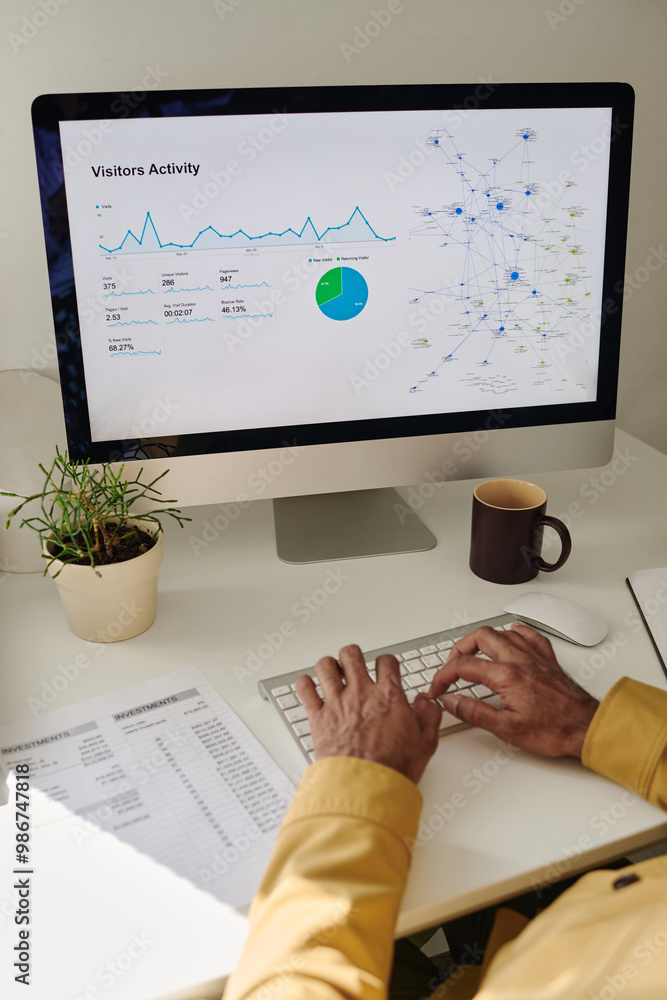 Poster Image shows person analyzing visitors activity data on large computer screen with charts and graphs, coffee mug, and plant on desk