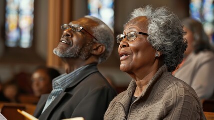 Obraz premium Senior couple attending a religious service, singing hymns together