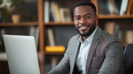 Fototapeta premium Confident Black Man Working on Laptop in Office