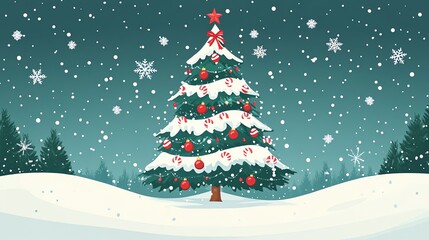 Christmas tree with candy canes and snowflakes, flat design illustration
