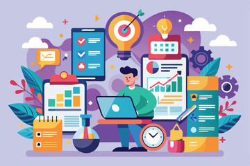 Fototapeta premium A person works at a laptop surrounded by charts, documents, and creative tools during a productive session, Customizable flat illustration for tasks.