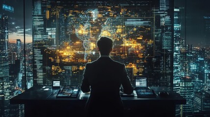Businessman Working Late at Night with City Lights and Digital Data Display