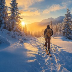 Snowshoe trekking adventure through snowy forest at sunrise